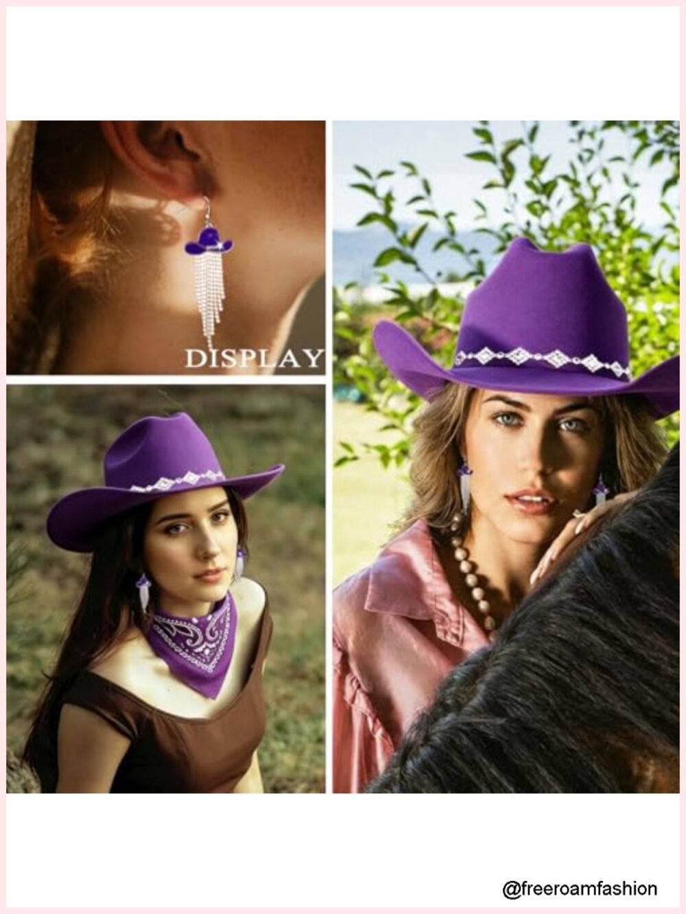 Wide Brim Cowboy Hat with Rhinestones, Bandana, Tassel Earrings - Picture 5 of 6